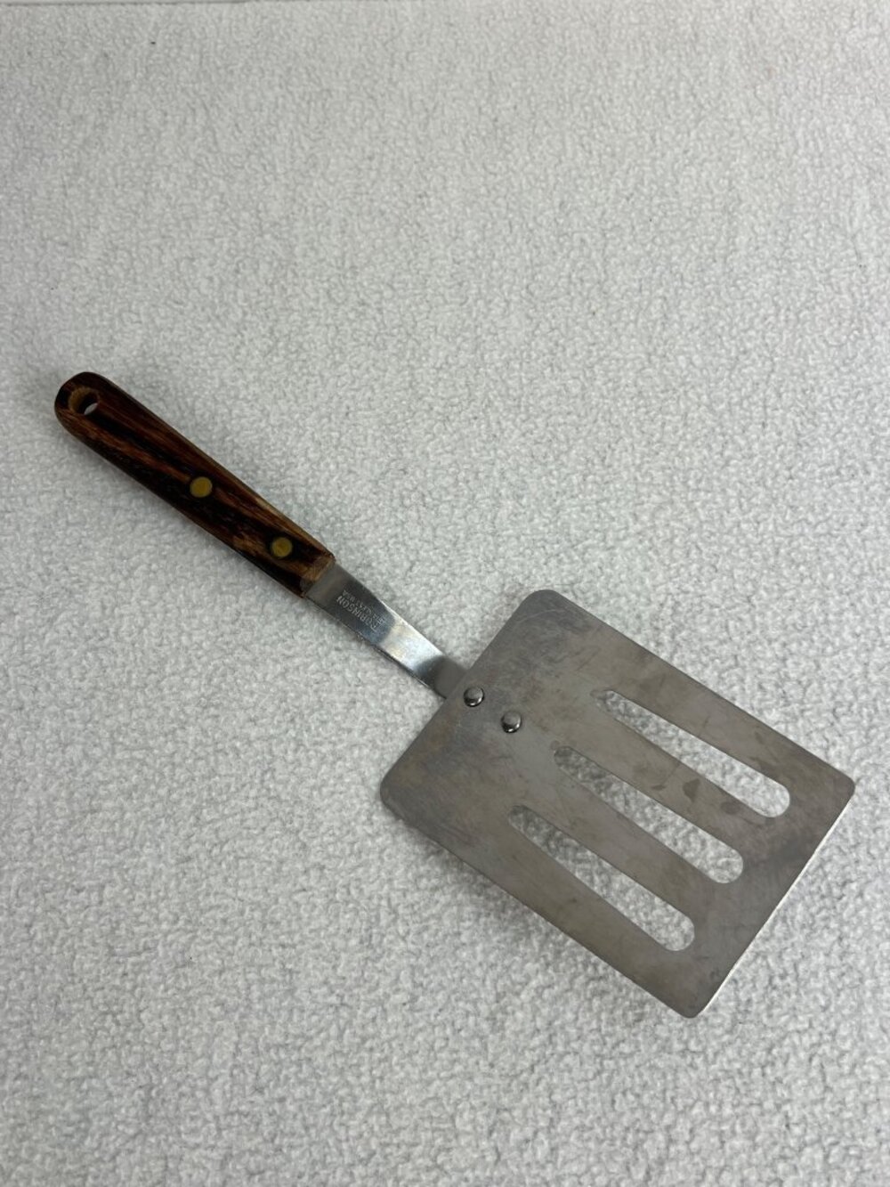 Vintage Robinson Stainless Steel Slotted Spatula Wooden Handle 10.5" USA